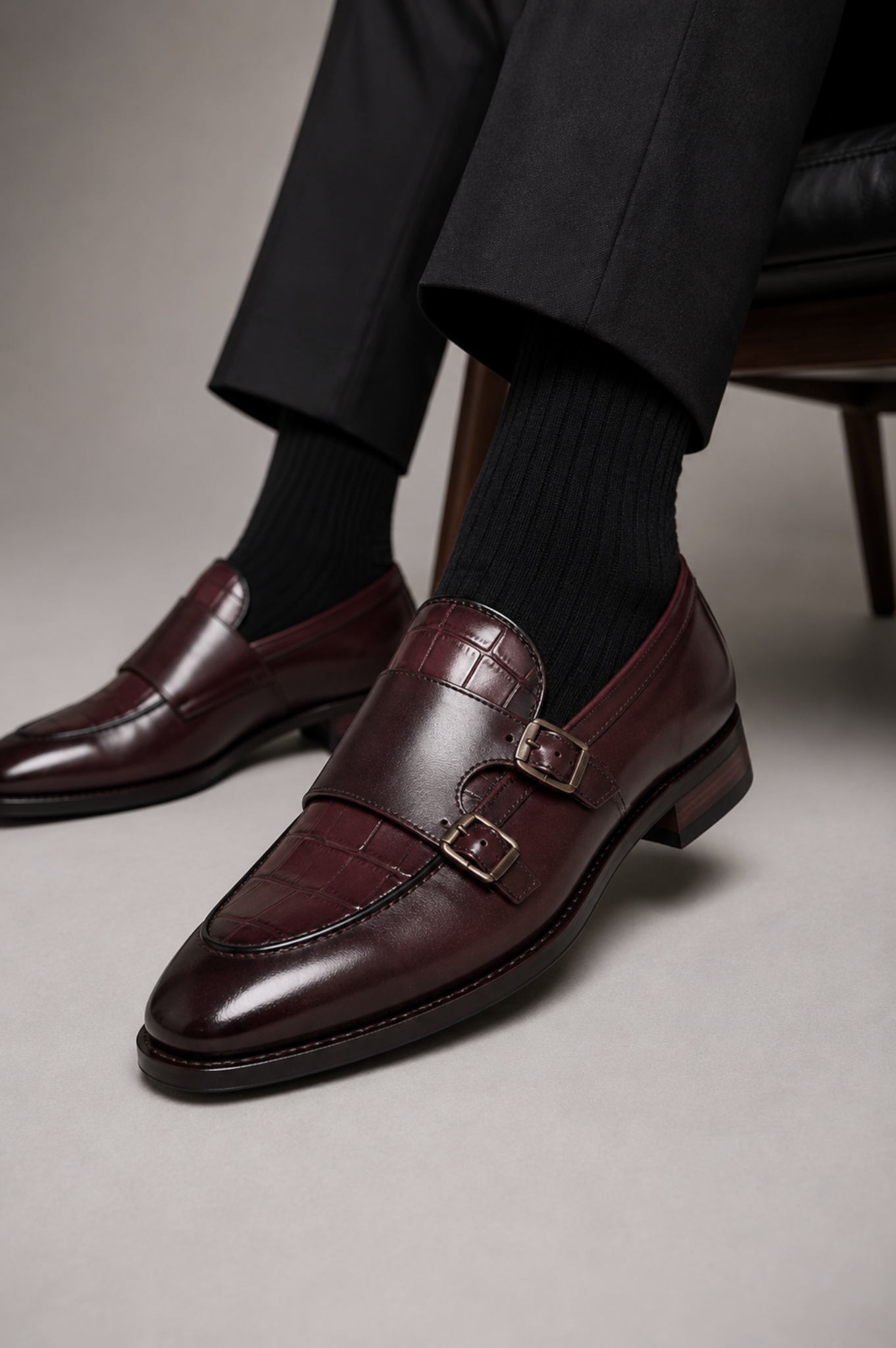 Wine Double Monk Strap Shoes for Men