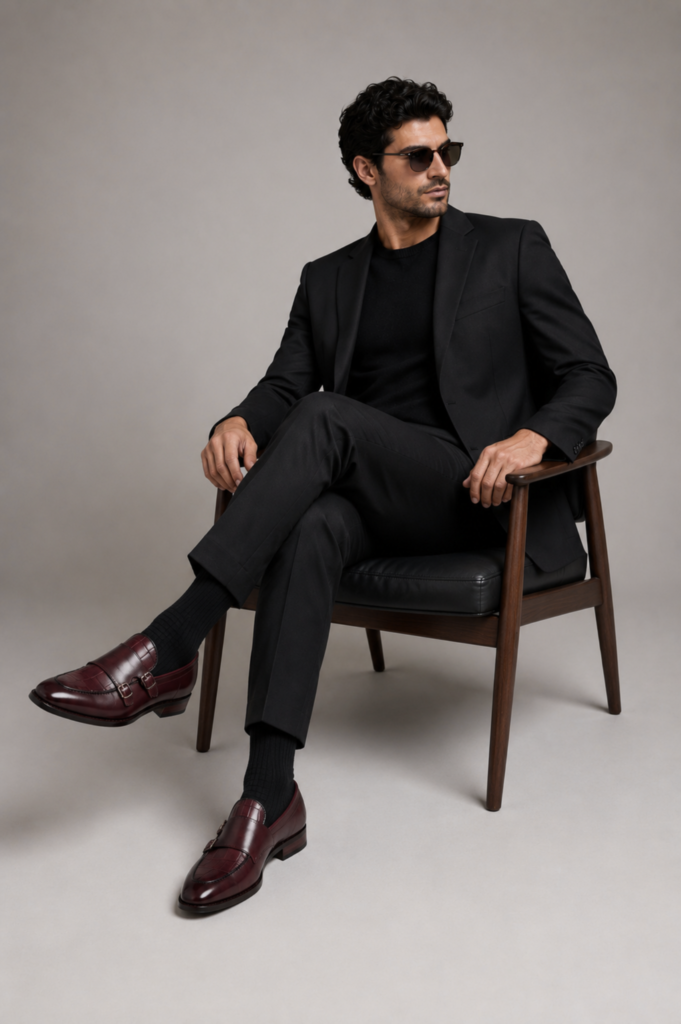 Wine Double Monk Strap Shoes for Men
