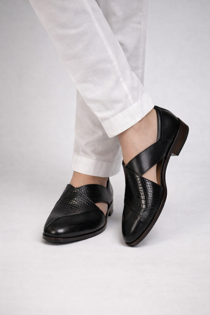 Black Leather Peshawari Jutti with Wooden Sole
