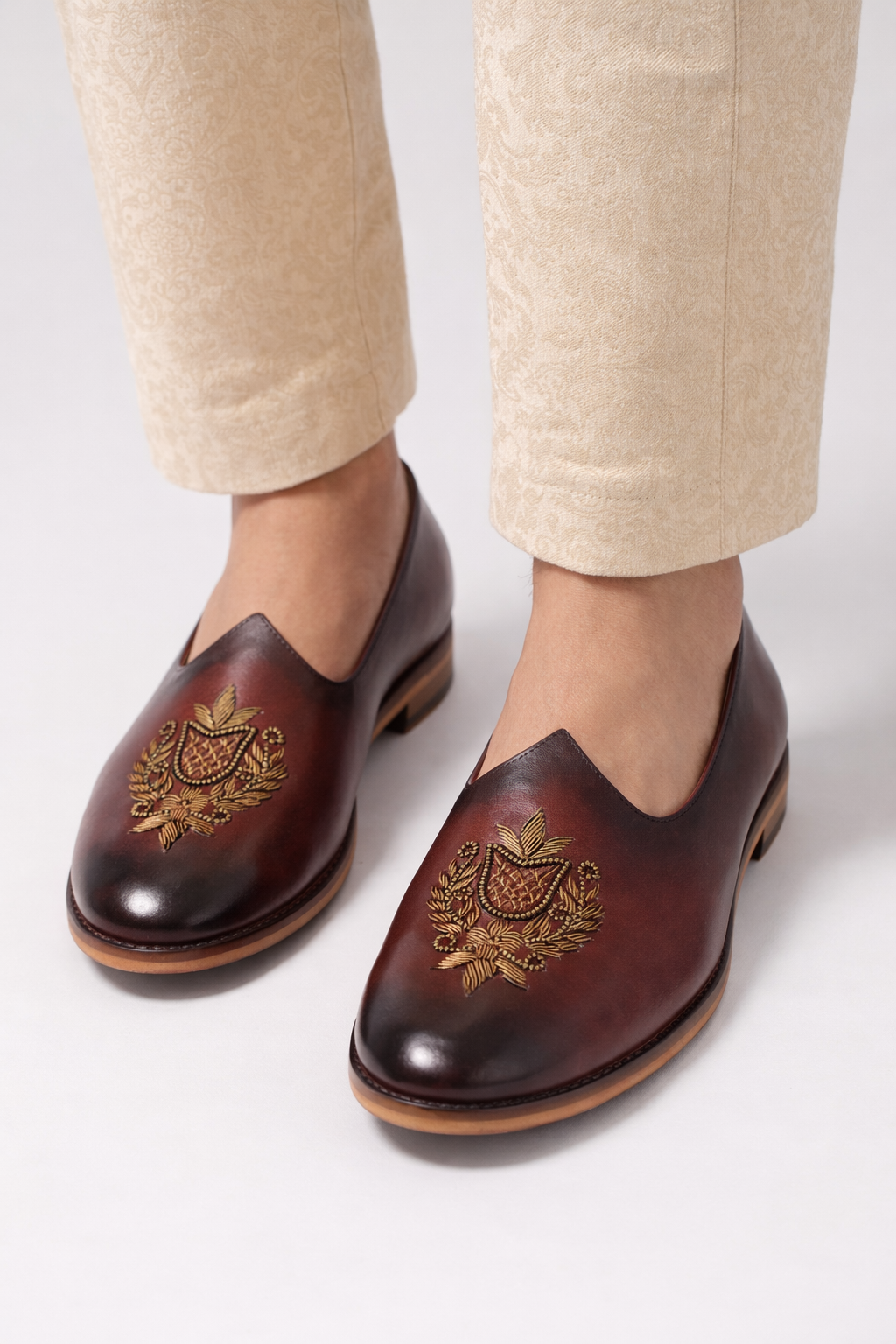 Handcrafted Maroon Leather Jalsa with Embroidered Crest & Wooden Sole