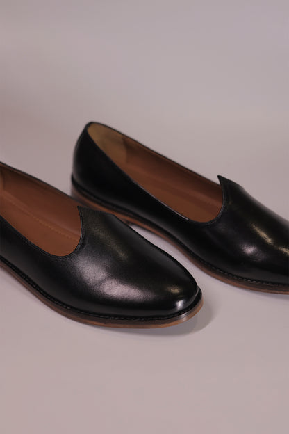 Black Plain Leather Jalsa with Wooden Sole