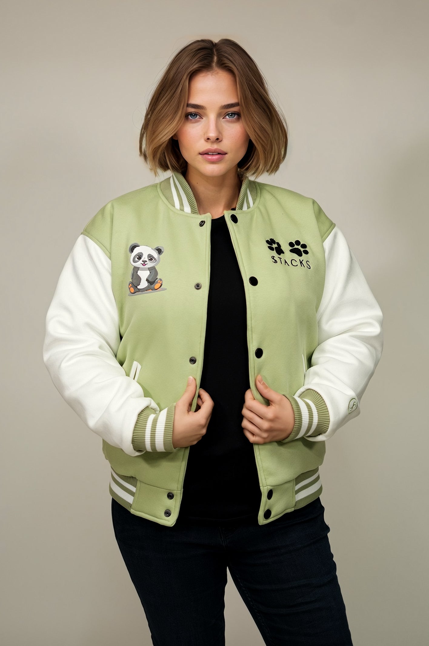 Panda Paradise Mint Varsity Jacket Women