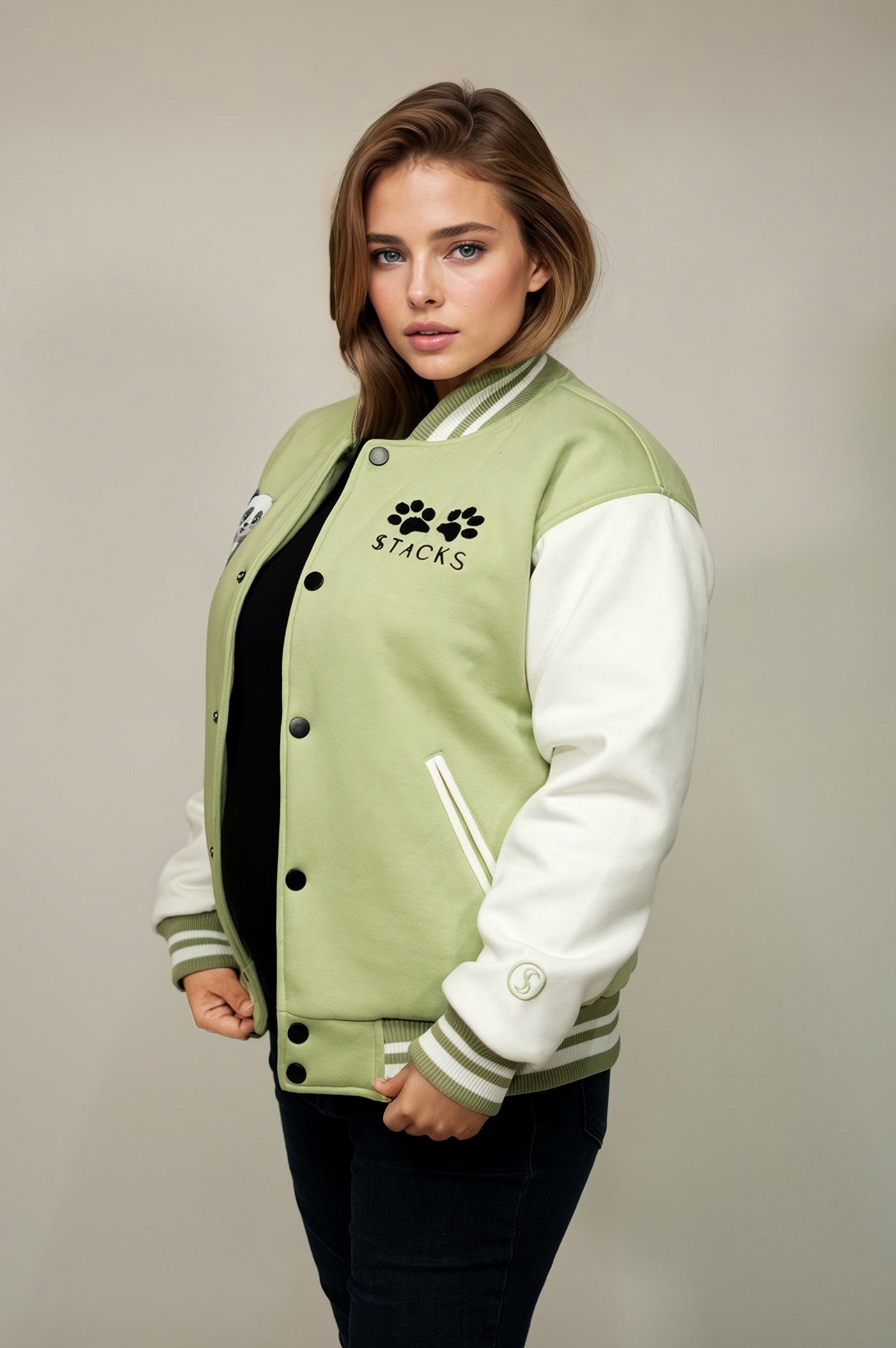 Panda Paradise Mint Varsity Jacket Women